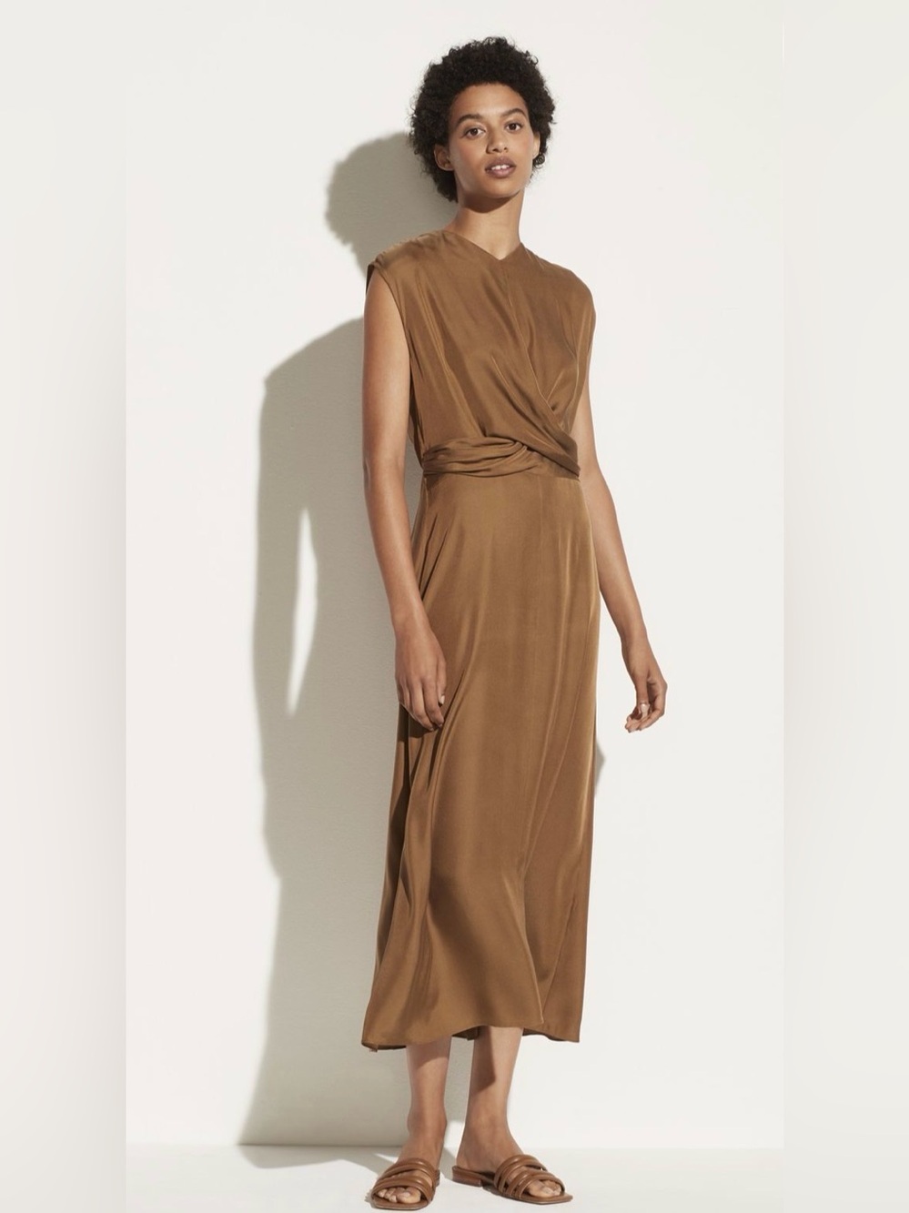 Vince. Sleeveless Twist-Waist Silk Midi Dress in Bronze Brown 6 NWT BNWT
